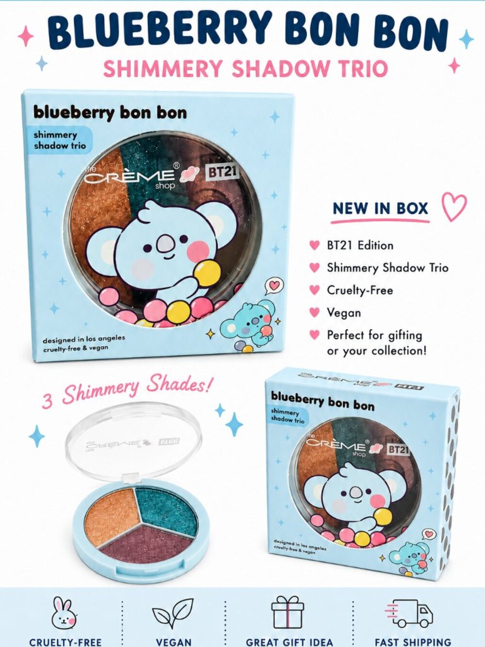 The Crème Shop x BT21 KOYA Blueberry Bon Bon Shimmery Shadow Trio NIB